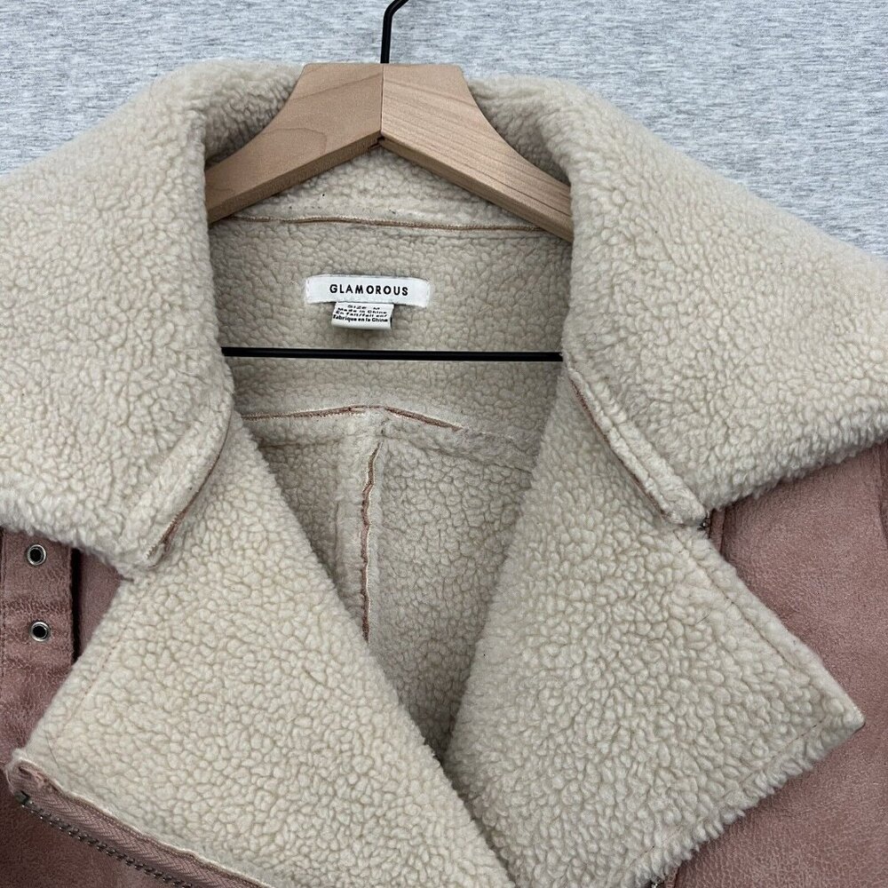 Urban Outfitters Glamorous Jacket Womens M Pink Faux Shearling Sherpa Moto Cozy - Picture 11 of 13